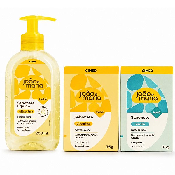 Kit Cimed João e Maria Baby Glicerina: Sabonete Líquido 200ml, Sabonete Em Barra Glicerina e Sabonete Em Barra Karíite 75g