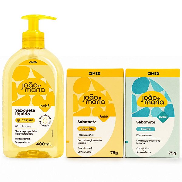 Kit Cimed João e Maria Baby Glicerina: Sabonete Líquido 400ml, Sabonete Em Barra Glicerina e Sabonete Em Barra Karíite 75g
