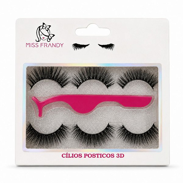 Kit Miss Frandy Cílios Postiços 3D Com 3 Pares e Pinça C21-01008