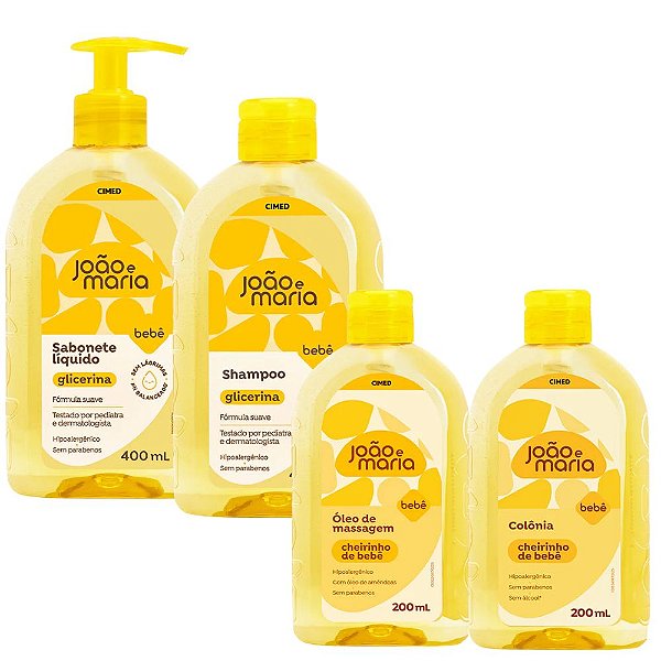 Kit Cimed João e Maria Baby Glicerina: Sabonete Líquido, Shampoo 400ml, Óleo de Massagem e Colônia 200ml