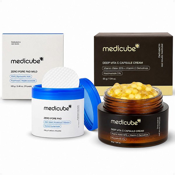 Kit Medicube: Tônico Zero Pore Pad com 70 Discos e Creme Facial Encapsulado Deep Vita C Capsule Cream 55g