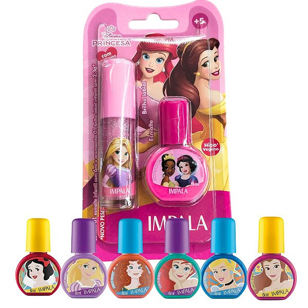 Kit Impala Disney Princesas: Kit Esmalte + Brilho Labial Infantil E 6 Esmaltes 6ml