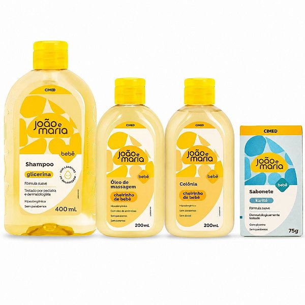 Kit Cimed João e Maria Baby: Shampoo 400ml, Óleo De Massagem, Colônia 200ml e Sabonete Em Barra Karité 75g