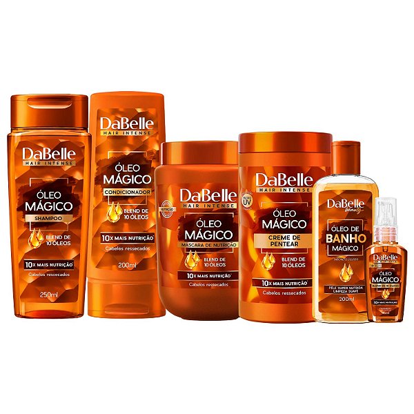 Kit DaBelle Óleo Mágico Blend 10 Óleos: Shampoo 250ml e Condicionador 200ml + Sabonete Líquido, Máscara 800g e Finalizadores