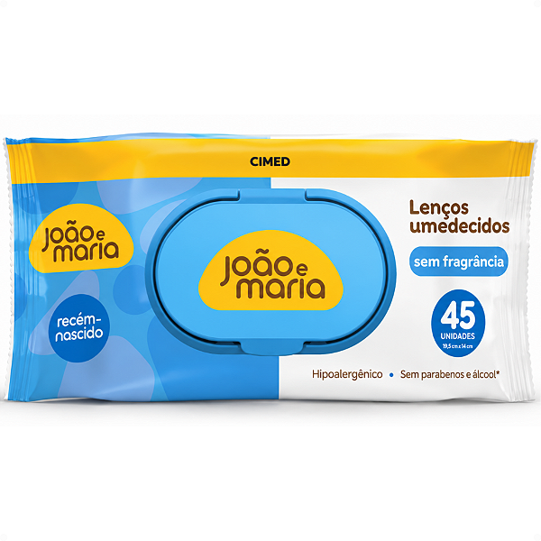 Lenços Umedecidos Recém-Nascido Cimed João e Maria Sem Fragrância Com 45 Unidades