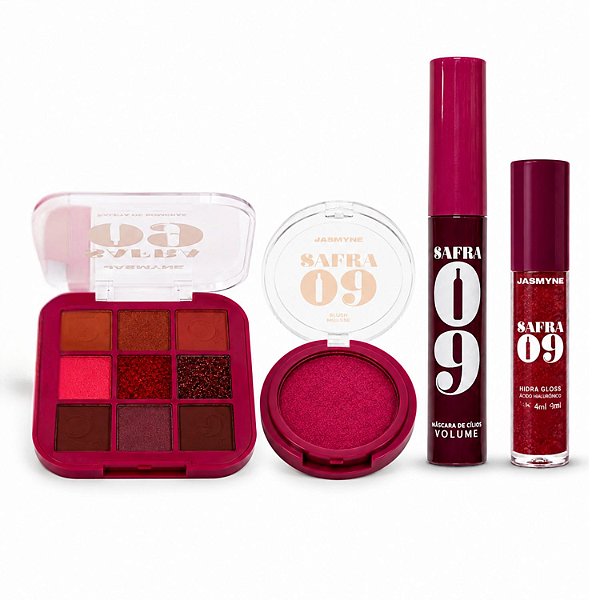 Kit Jasmyne Safra 09: Paleta De Sombras, Blush Rosado, Máscara e Gloss Frambroesa
