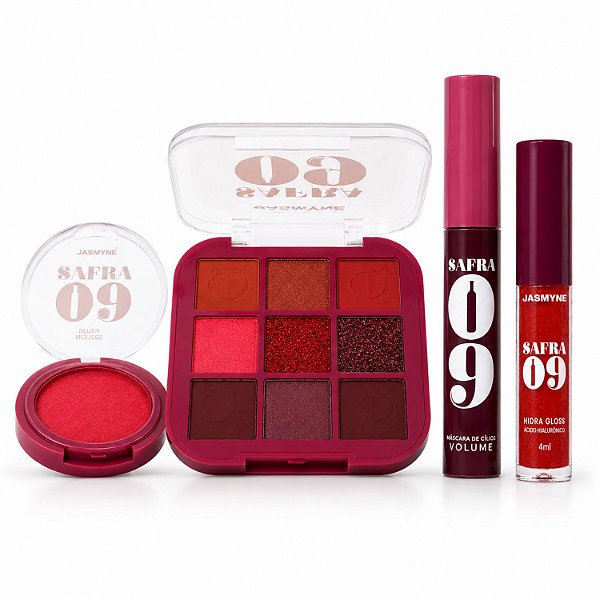 Kit Jasmyne Safra 09: Paleta De Sombras, Blush Vermelho, Máscara E Gloss Coral