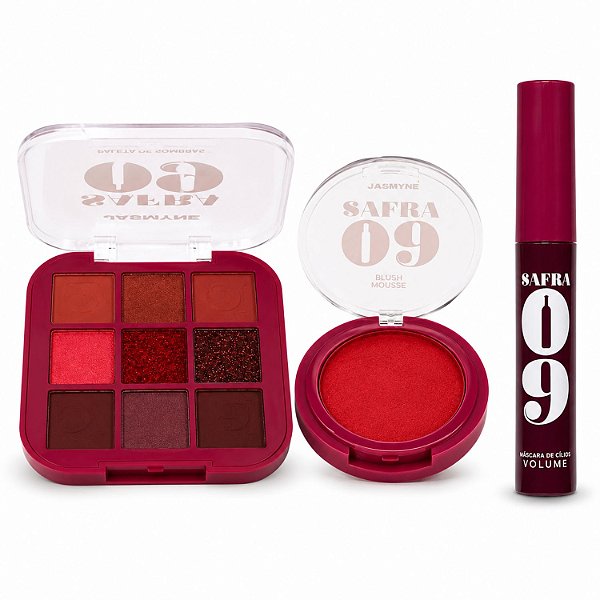 Kit Jasmyne Safra 09: Paleta De Sombras, Blush Vermelho e Máscara