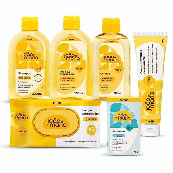 Kit Cimed João e Maria Baby: Shampoo, Òleo, Colonia 200ml, Sabonte Karité 75g,  Lenço 45un e Creme Para Assaduras 40g
