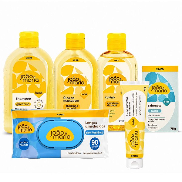 Kit Cimed João e Maria Baby: Shampoo 400ml, Óleo, Colonia 200ml, Sabonte Karité 75g,  Lenço Para Recém-nascido 90un e Creme Para Assaduras 40g