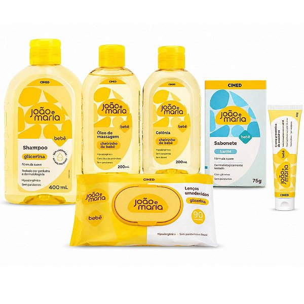 Kit Cimed João e Maria Baby: Shampoo 400ml, Òleo, Colonia 200ml, Sabonete Karité 75g, Lenço 90un e Creme Para Assaduras 40g