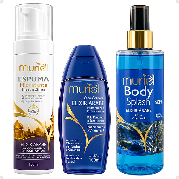 Kit Muriel Elixir Árabe:Espuma Hidratante 150ml, Óleo Corporal 100ml e Body Splash 200ml