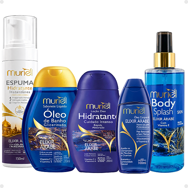 Kit Completo Muriel Elixir Árabe: Espuma Hidratante 150ml, Sabonete Líquido 200ml, Óleo Corporal 100ml e Body Splash 200ml