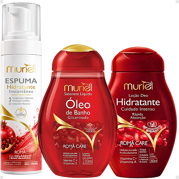 Kit Muriel Romã: Espuma Hidratante 150ml, Sabonete Líquido 230ml e Óleo Corporal 150ml