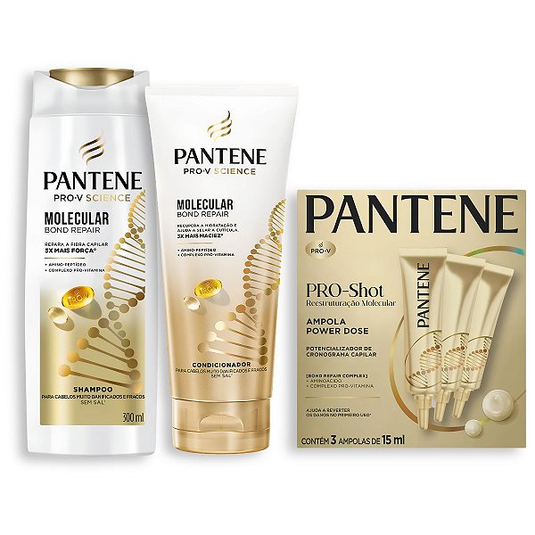Kit Pantene Molecular Bond Repair: Shampoo 300ml, Condicionador 250ml e 3 Ampolas PRO-Shot 15ml