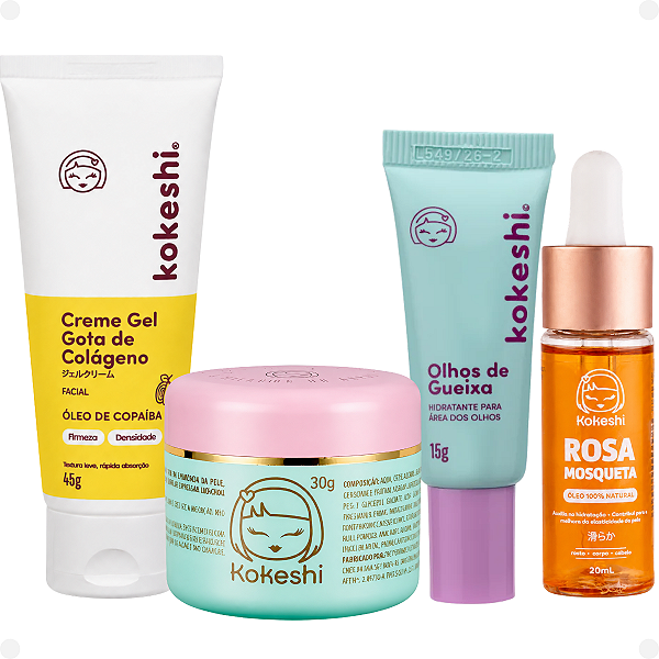 Kit Kokeshi:Creme Gel Gotas de Colágeno, Creme Hidratante Olhos De Gueixa 15g, Creme Facial Pele de Porcelana 30g e Rosa Mosqueta 20ml