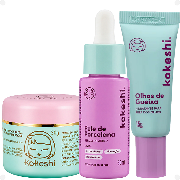 Kit Kokeshi:Creme Hidratante Olhos De Gueixa 15, Sérum de Arroz 30ml e Creme Facial Pele de Porcelana 30g