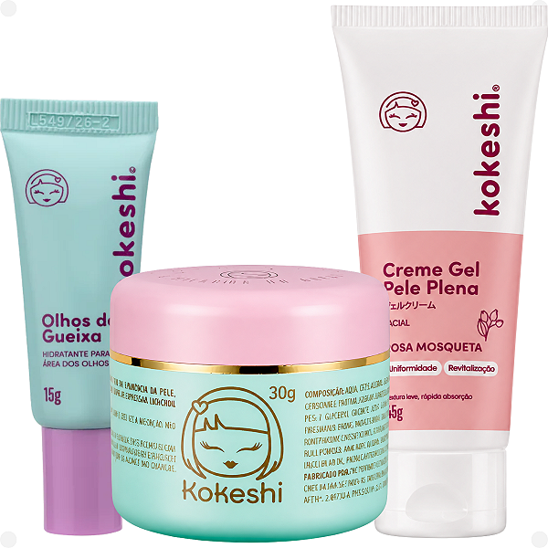 Kit Kokeshi:Creme Hidratante Olhos De Gueixa 15g, Creme Facial Pele de Porcelana 30g e Creme Gel Pele Plena 45g