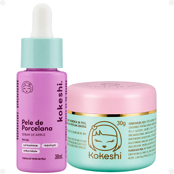 Kit Kokeshi Pele de Porcelana:Sérum Facial De Arroz 30ml e Creme Facial O Milagre Do Arroz 30g