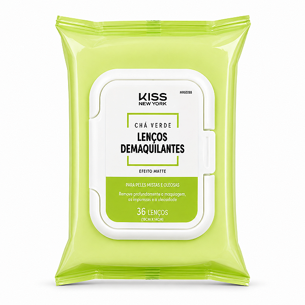 Lenços Demaquilantes Kiss Ny Chá Verde Efeito Matte Peles Mistas e Oleosas Com 36 Unidades