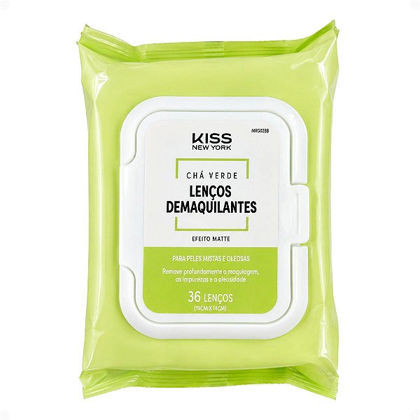 Lenços Demaquilantes Kiss Ny Chá Verde Efeito Matte Peles Mistas e Oleosas Com 36 Unidades