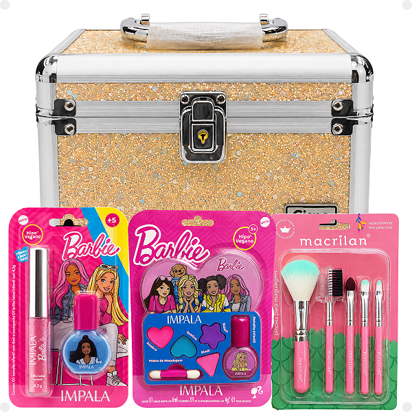 Kit Maquiagem Infantil Barbie Estilo e Brilho Impala com Maleta Salmão e Pincéis