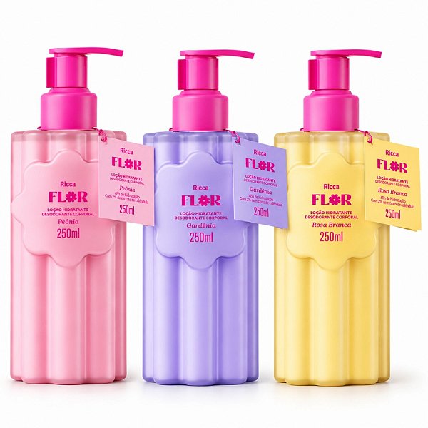 Kit Ricca Flor Loções Hidratantes Corporais: Peônia, Gardênia e Rosa Branca