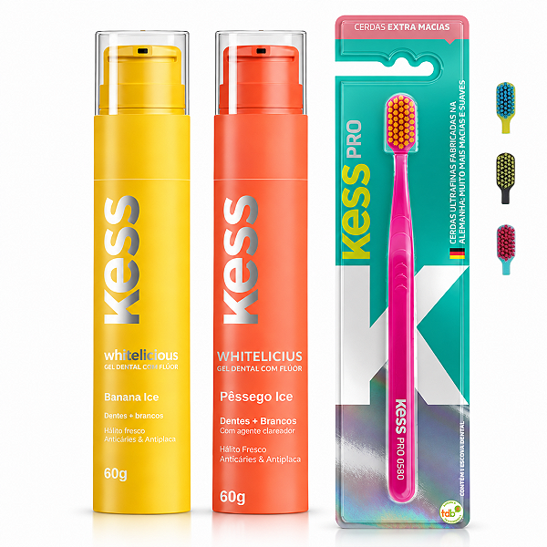 Kit Gel Dental Kess Whitelicious:Banana Ice e Pêssego Ice 60g + Escova Dental Kess Pro Cores Variadas 2087