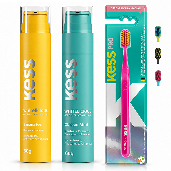 Kit Gel Dental Kess Whitelicious:Banana Ice e Classic Mint 60g + Escova Dental Kess Pro Cores Variadas 2087