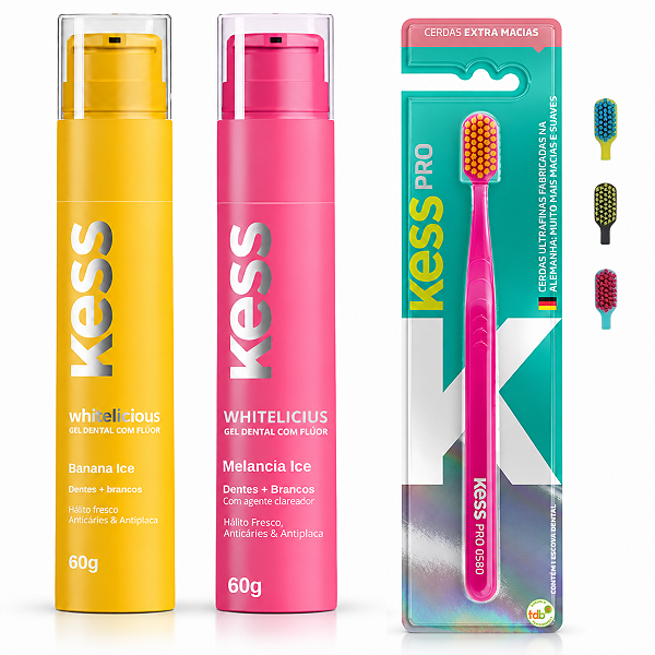 Kit Gel Dental Kess Whitelicious:Banana Ice e Melancia Ice 60g+Escova Dental Kess Pro Cores Variadas 2087