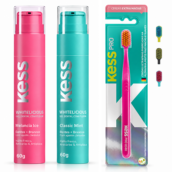 Kit Gel Dental Kess Whitelicious:Melancia Ice e Classic Mint 60g + Escova Dental Kess Pro Cores Variadas 2087