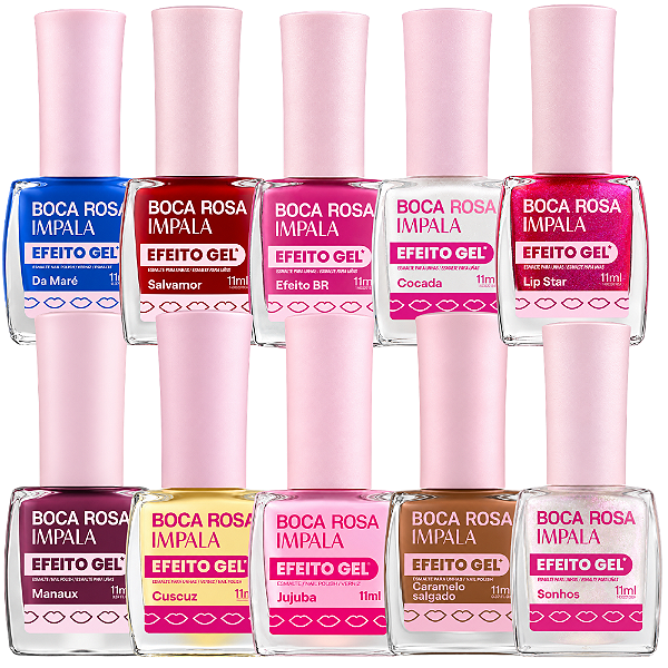 Kit Esmalte Impala Boca Rosa 10 Cores Efeito Gel 11ml
