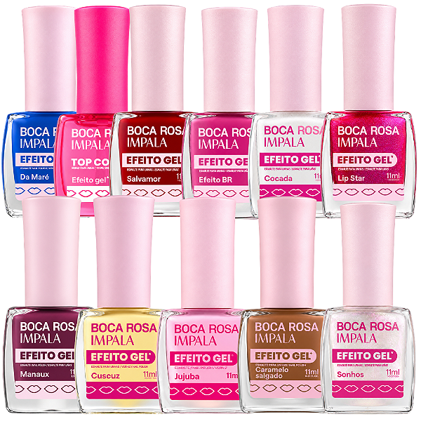 Kit Esmalte Impala Boca Rosa 10 Cores Efeito Gel + Top Coat 11ml