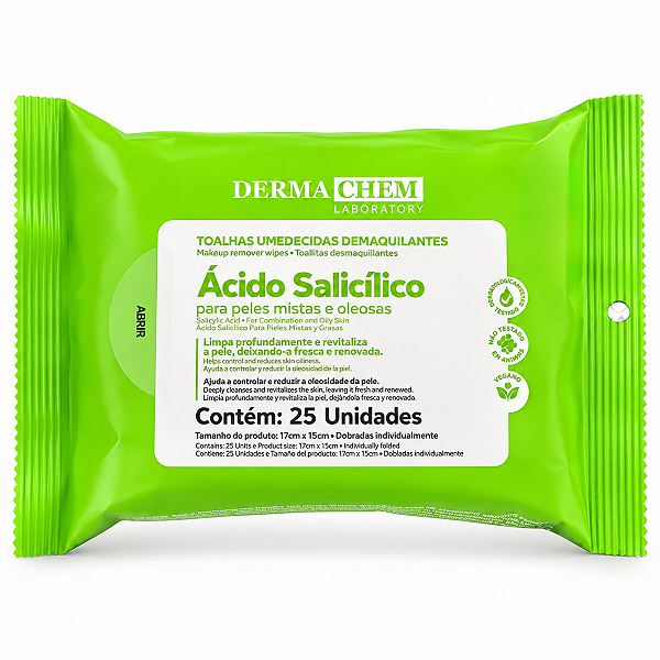 Toalhas Umedecidas Demaquilantes Dermachem Ácido Salicílico Com 25 Unidades