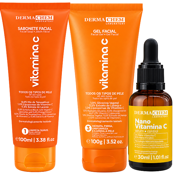Kit Dermachem Vitamina C: Sabonete Facial 100ml, Gel Facial 100g e Sérum Facial