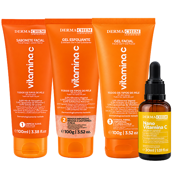 Kit Dermachem Vitamina C: Sabonete Facial 100ml, Gel Esfoliante, Gel Facial 100g e Sérum Facial