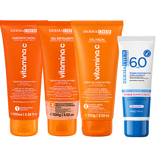 Kit Dermachem Vitamina C: Sabonete Facial 100ml, Gel Esfoliante e Gel Facial 100g + Protetor Solar Fps 60