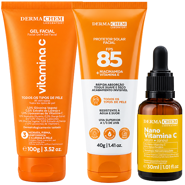 Kit Dermachem Vitamina C: Gel Facial 100g e Sérum Facial 30ml + Protetor Solar Fps85
