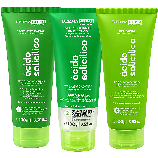 Kit Dermachem Ácido Salicílico: Sabonete Facial 100ml, Gel Esfoliante e Gel Facil 100g