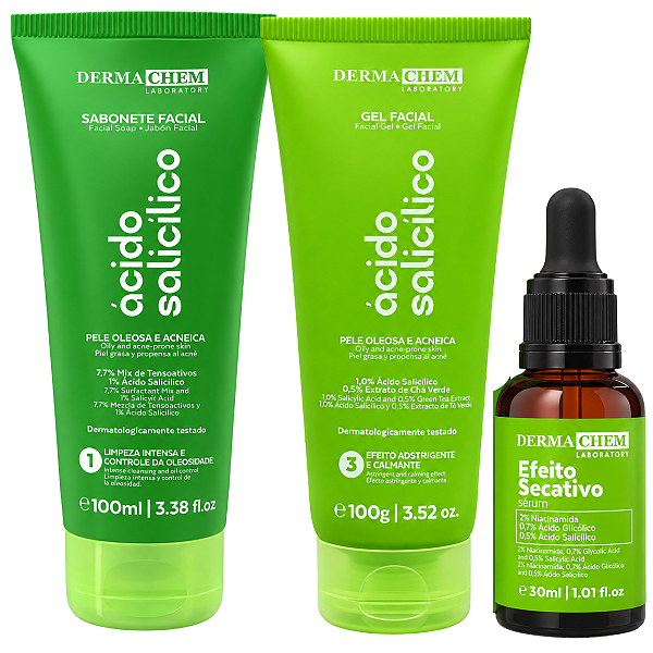 Kit Dermachem Ácido Salicílico:Sabonete Facial 100ml, Gel Facial 100g e Sérum Facial