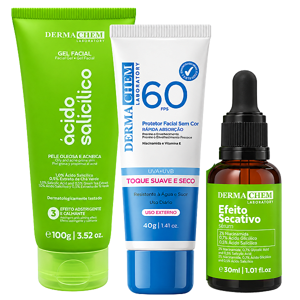 Kit Dermachem Ácido Salicílico Gel Facial 100g e Sérum Facial 30ml + Protetor Solar Fps60 40g