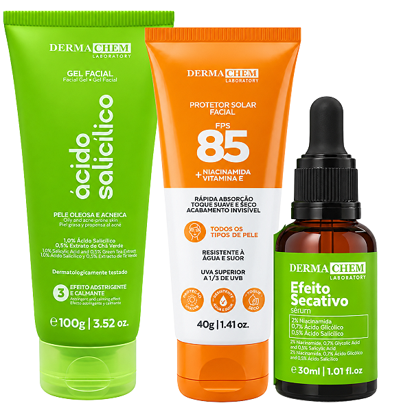 Kit Dermachem Ácido Salicílico: Gel Facial 100g e Sérum Facil 30ml + Protetor Solar Fps85 40g