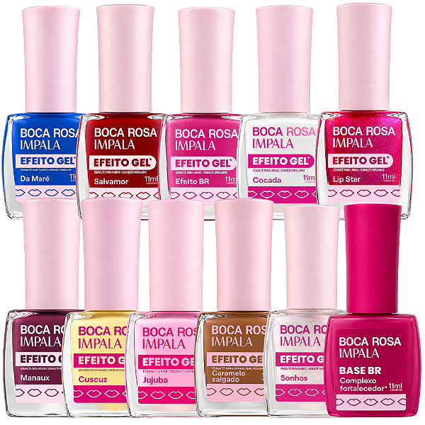 Kit Esmalte Impala Boca Rosa Efeito Gel: Com 10 Cores e Base Br 11ml