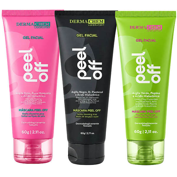 Kit Gel Dermachem Máscara Facial Peel Off: Argila Verde, Argila Negra e Argila Rosa 60g