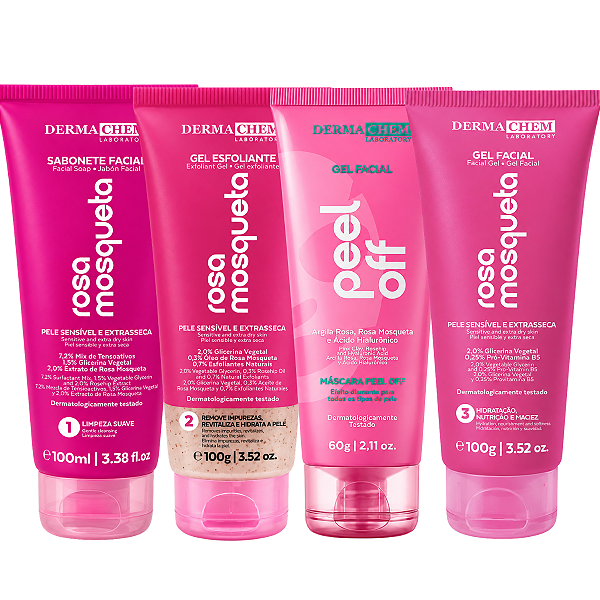 Kit Dermachem Rosa Mosqueta:Sabonete Facial, Gel Esfoliante, Argila Rosa e Gel Facial