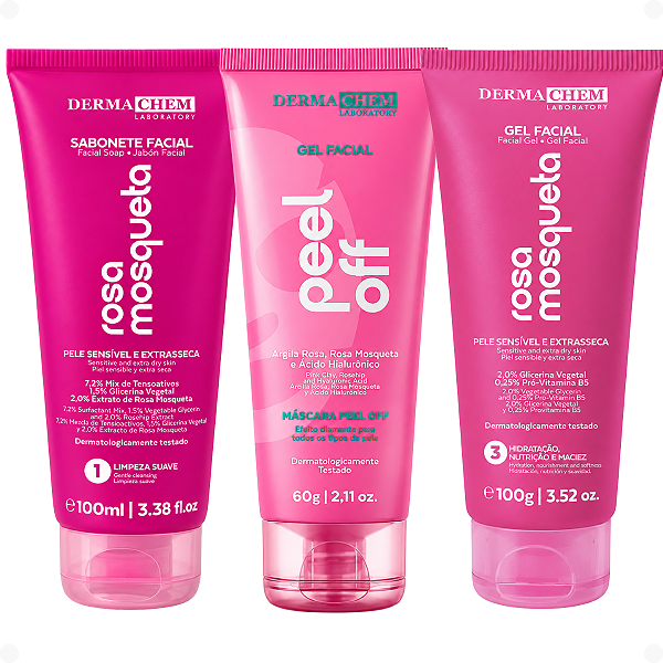 Kit Dermachem Rosa Mosqueta:Sabonete Facial, Argila Rosa e Gel Facial