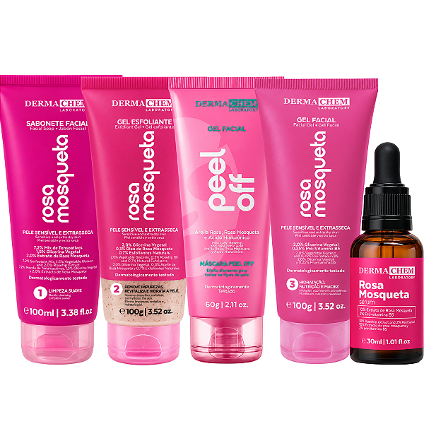 Kit Dermachem Rosa Mosqueta:Sabonete Facial, Gel Esfoliante, Argila Rosa, Gel Facial e Sérum Facial