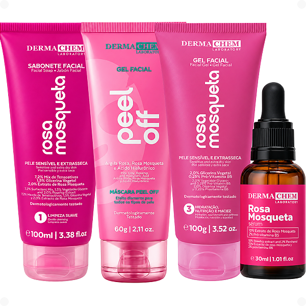Kit Dermachem Rosa Mosqueta:Sabonete Facial, Argila Rosa, Gel Facial e Sérum Facial