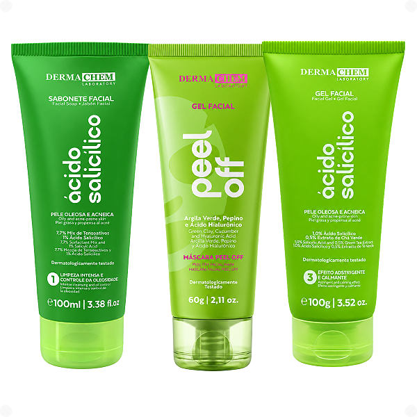Kit Dermachem Ácido Salicílico:Sabonete Facial 100ml, Gel Facial 100g e Argila Verde