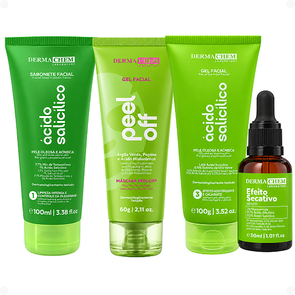 Kit Dermachem Ácido Salicílico:Sabonete Facial 100ml, Gel Facial 100g, Sérum Facial e Argila Verde